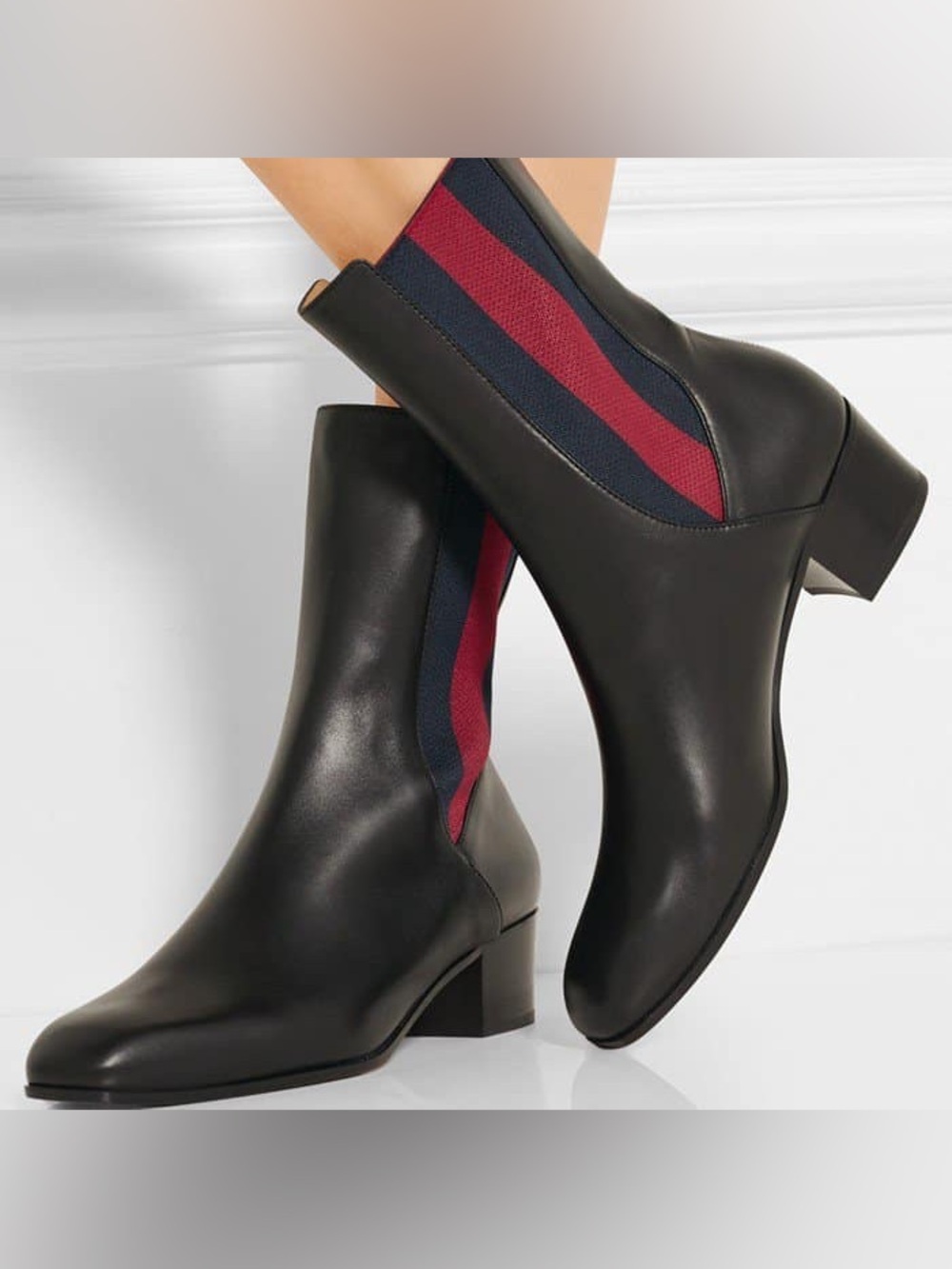 $980 Gucci Karen Web-Accented Black Leather Block Heels Chelsea Ankle Boots 7.5